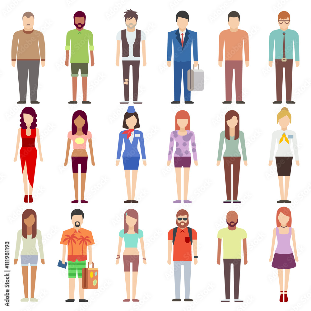 People in casual clothes flat icons set. People young male and female. Person set business and fashion people. Vector illustration