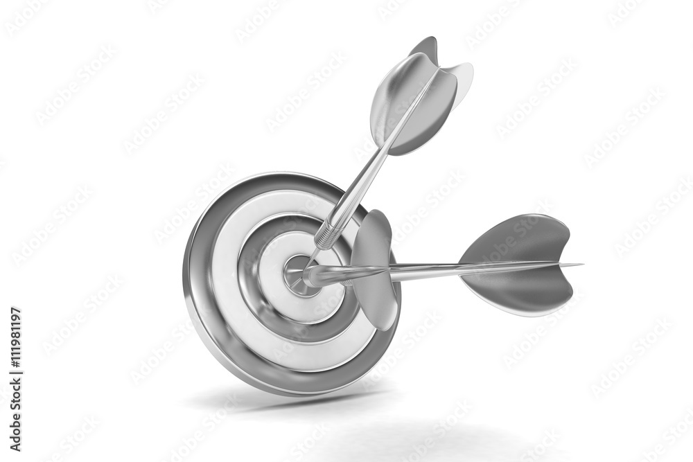 Three arrows darts in center. 3d rendering. Three arrows darts in center. 3d rendering.