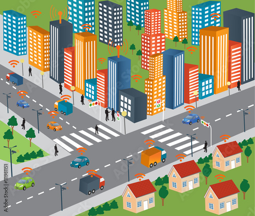 Smart city concept and Wireless network of vehicle Modern city design with  future technology for living. Traffic and wireless network, Intelligent Transport Systems.Internet of things/Smart city