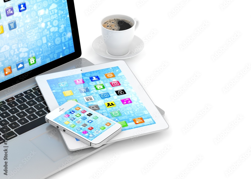 Laptop, phone and tablet pc. 3d rendering. Laptop, phone and tablet pc. 3d rendering.