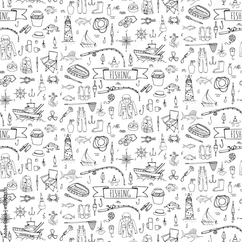 Seamless background hand drawn doodle Fishing icons set Vector illustration fishing equipment elements collection Cartoon fishing concept Fishing rod Baits Spinning Fishing lure Fish Fishing boat