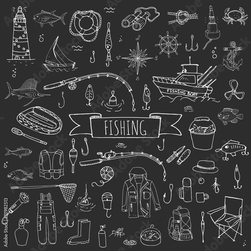Hand drawn doodle Fishing icons set Vector illustration fishing equipment elements collection Cartoon fishing concept Fishing rod Baits Spinning Fishing lure Fish Fishing boat Lighthouse Fishing cloth