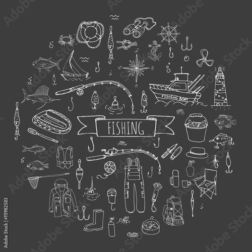 Hand drawn doodle Fishing icons set Vector illustration fishing equipment elements collection Cartoon fishing concept Fishing rod Baits Spinning Fishing lure Fish Fishing boat Lighthouse Fishing cloth
