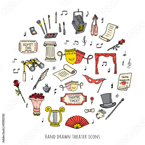 Hand drawn doodle Theatre set Vector illustration Sketchy theater icons  Theatre acting performance elements Ticket Masks Lyra Flowers Curtain stage Musical notes Pointe shoes Make-up artist tools