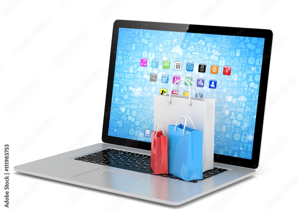 laptop and  shopping pags on white background. 3d rendering.