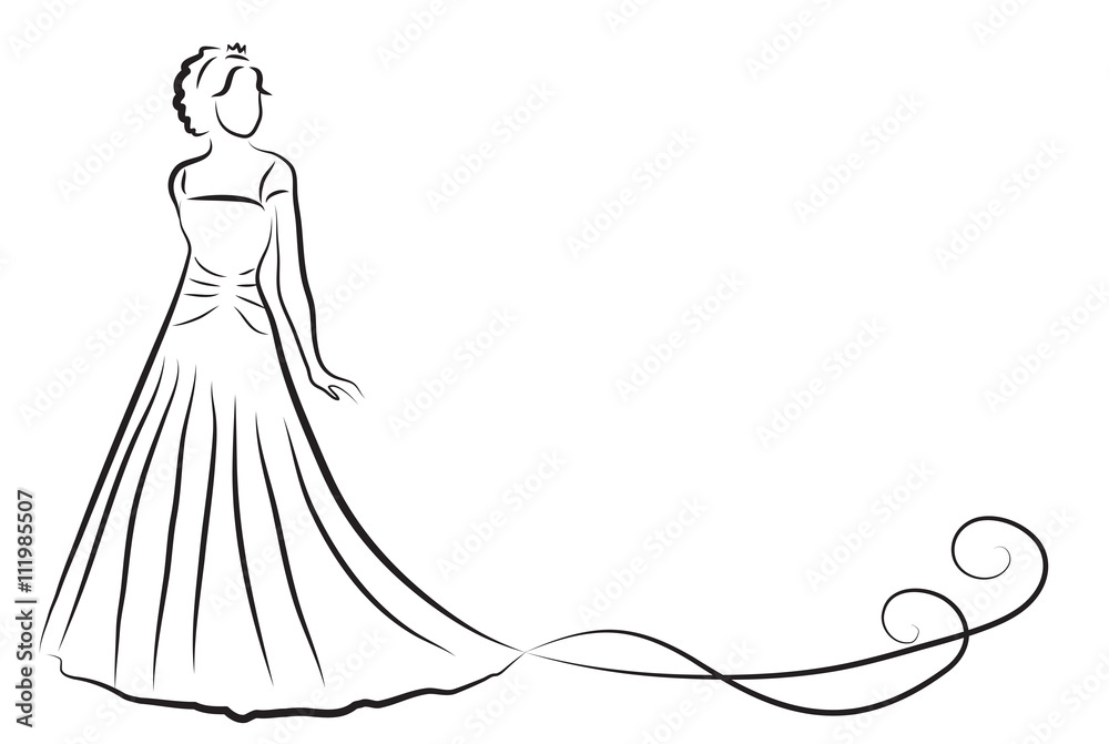 Bride Silhouette, Sketch bride, the bride in a beautiful wedding dress, wedding invitation, vector
