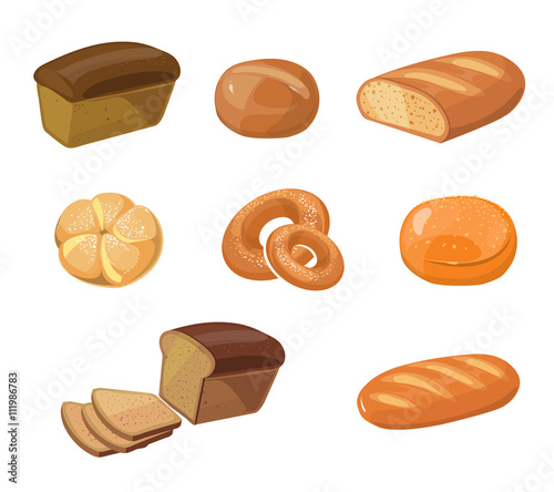 Bread bakery products vector cartoon icons. Food bakery bread icon and pastry bakery breakfast illustration