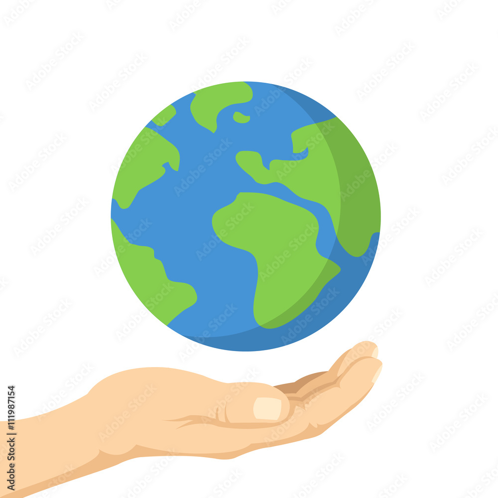 Planet in human hands. Hand palm and planet Earth. Ecology, environment issues, pollution concepts. Vector illustration Planet in human hands. Hand palm and planet Earth. Ecology, environment issues, pollution concepts. Vector illustration