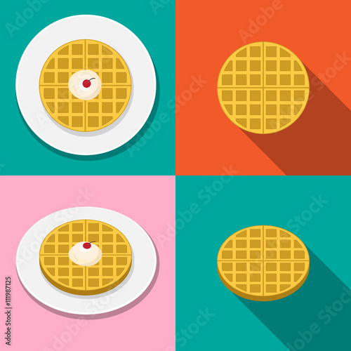 Waffle with ice cream on plate in flat style