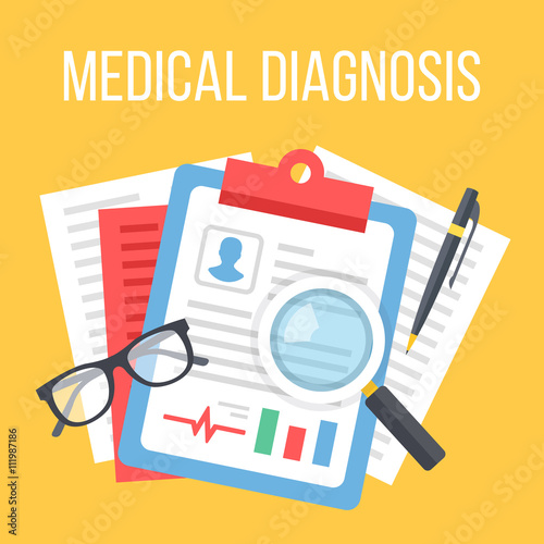 Medical diagnosis flat illustration. Diagnosis, clinical record, medical record concepts. Top view. Flat design vector illustration