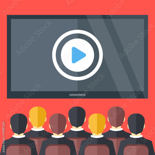 Sitting people and big black screen with play button. Cinema, business video presentation, corporate training concepts. Flat design vector illustration