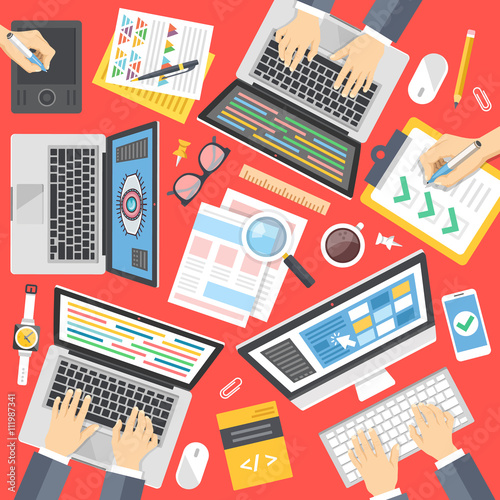 Programmers, web developers, designers at work. Working process, web development, programming, teamwork concept. Top view. Flat design vector illustration