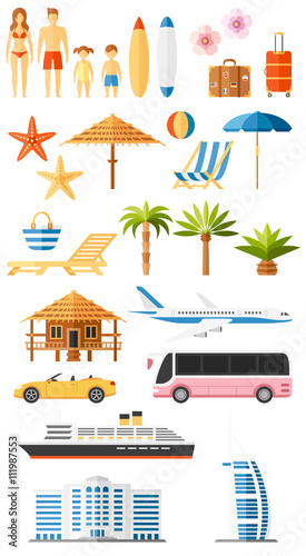 Set of travel, tourism and vacation graphic elements, drawn in flat colorful style. Infographic elements.