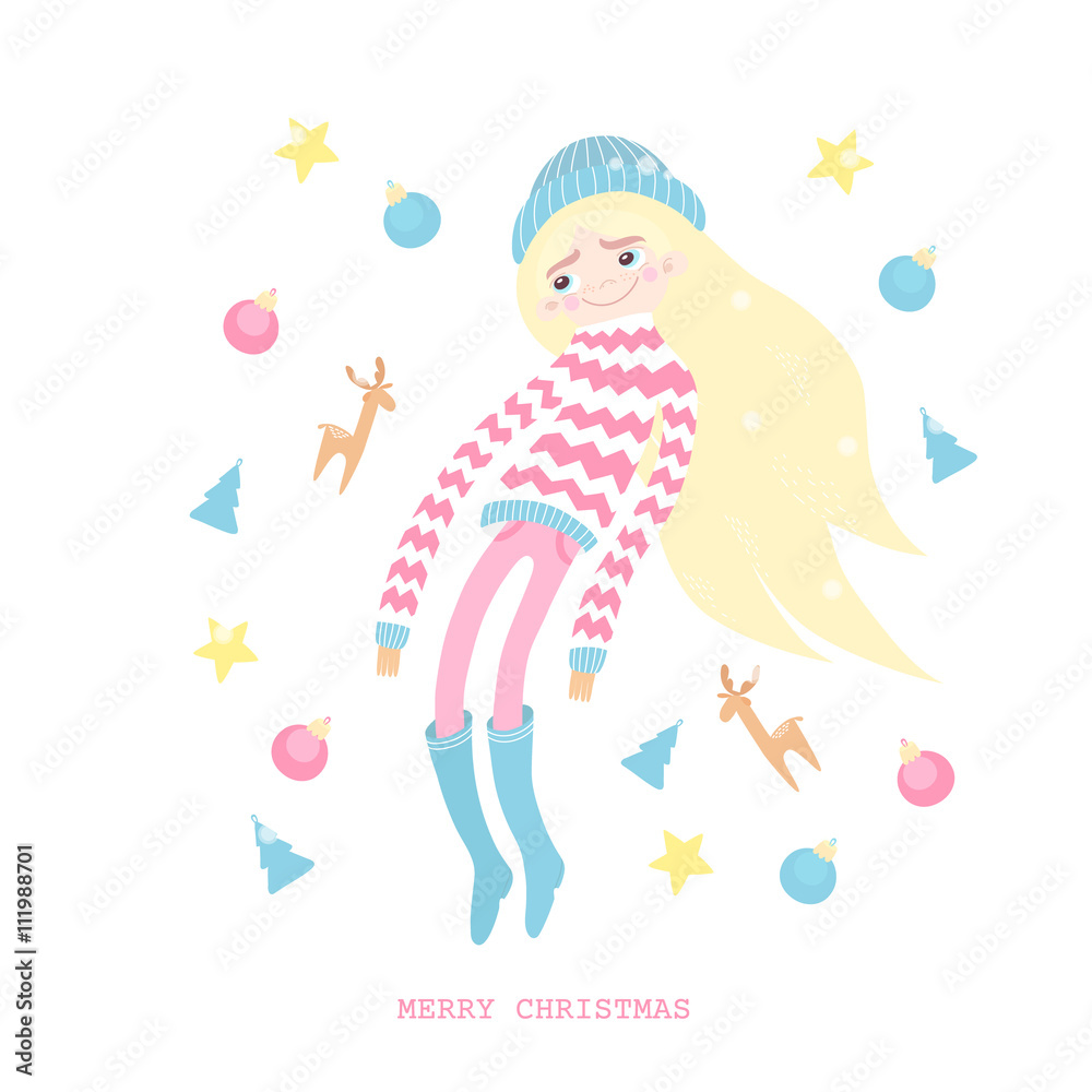 Christmas card with a girl in a sweater. It can be used as a greeting card, invitation, etc
