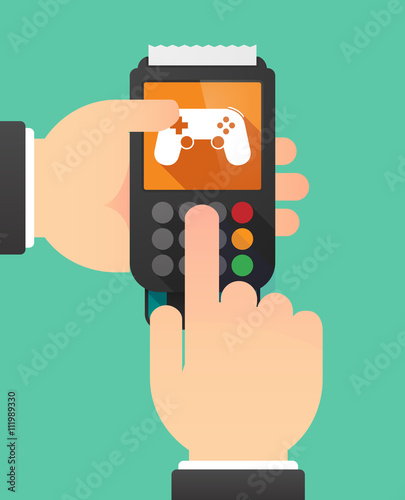 Person hands using a dataphone with a game pad