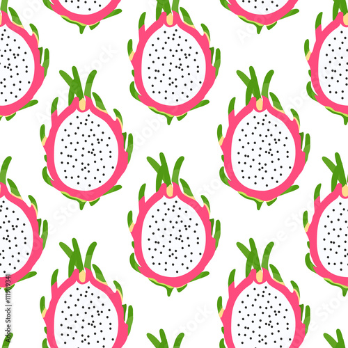 Tropical seamless pattern with dragon fruit  on the white background. Print for curtains, fabric, invations and etc.Vector.