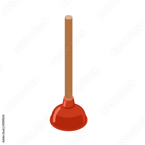 Toilet Plunger isometrics. Rubber plunger red cup on white backg