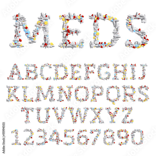 Vector font made of different drugs: pills and tablets.