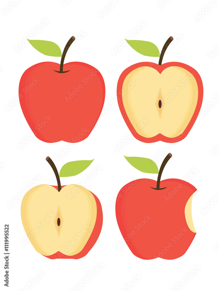 Apples. Set of red. bitten and half of fruit with leaf. Vector illustration Apples. Set of red. bitten and half of fruit with leaf. Vector illustration
