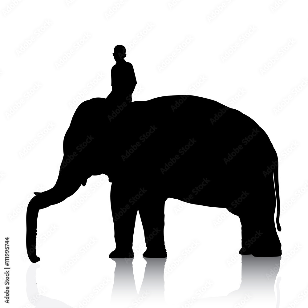 Naklejka premium Vector silhouettes of elephant and mahout young boy on white background