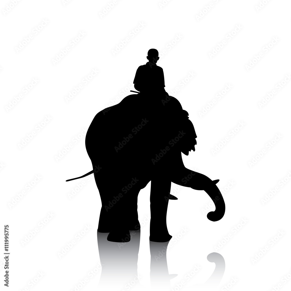 Naklejka premium Vector silhouettes of elephant and mahout young boy on white background