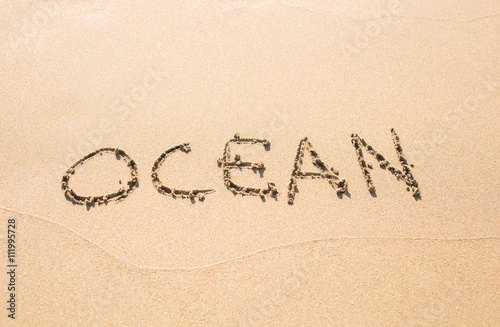 word OCEAN on the sand