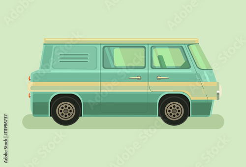 Camper green car. Vector flat cartoon illustration