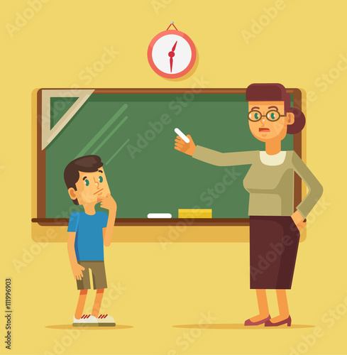 Teacher explains task student boy. Vector flat cartoon illustration