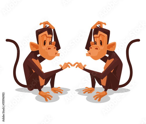 Two monkey look at each other. Vector flat cartoon illustration