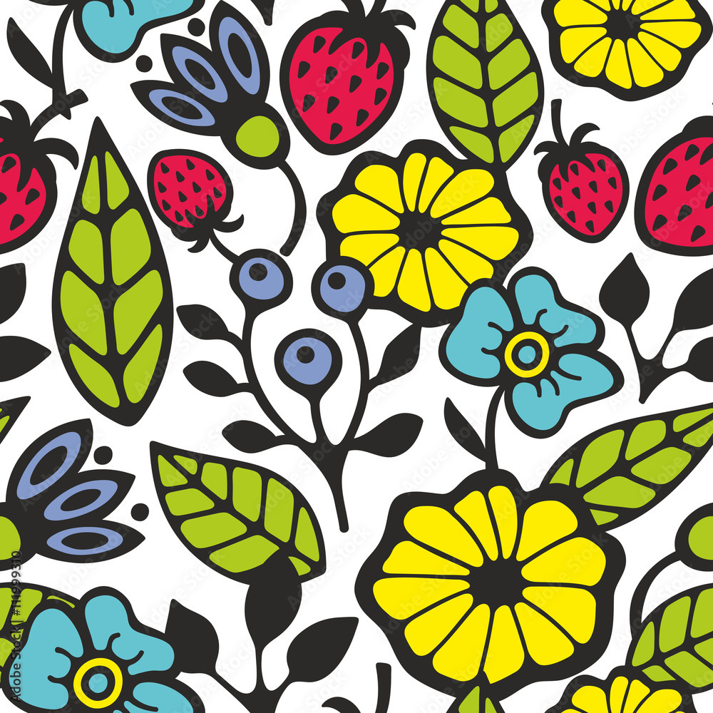 Bright seamless pattern with flowers and plants. Bright seamless pattern with flowers and plants.