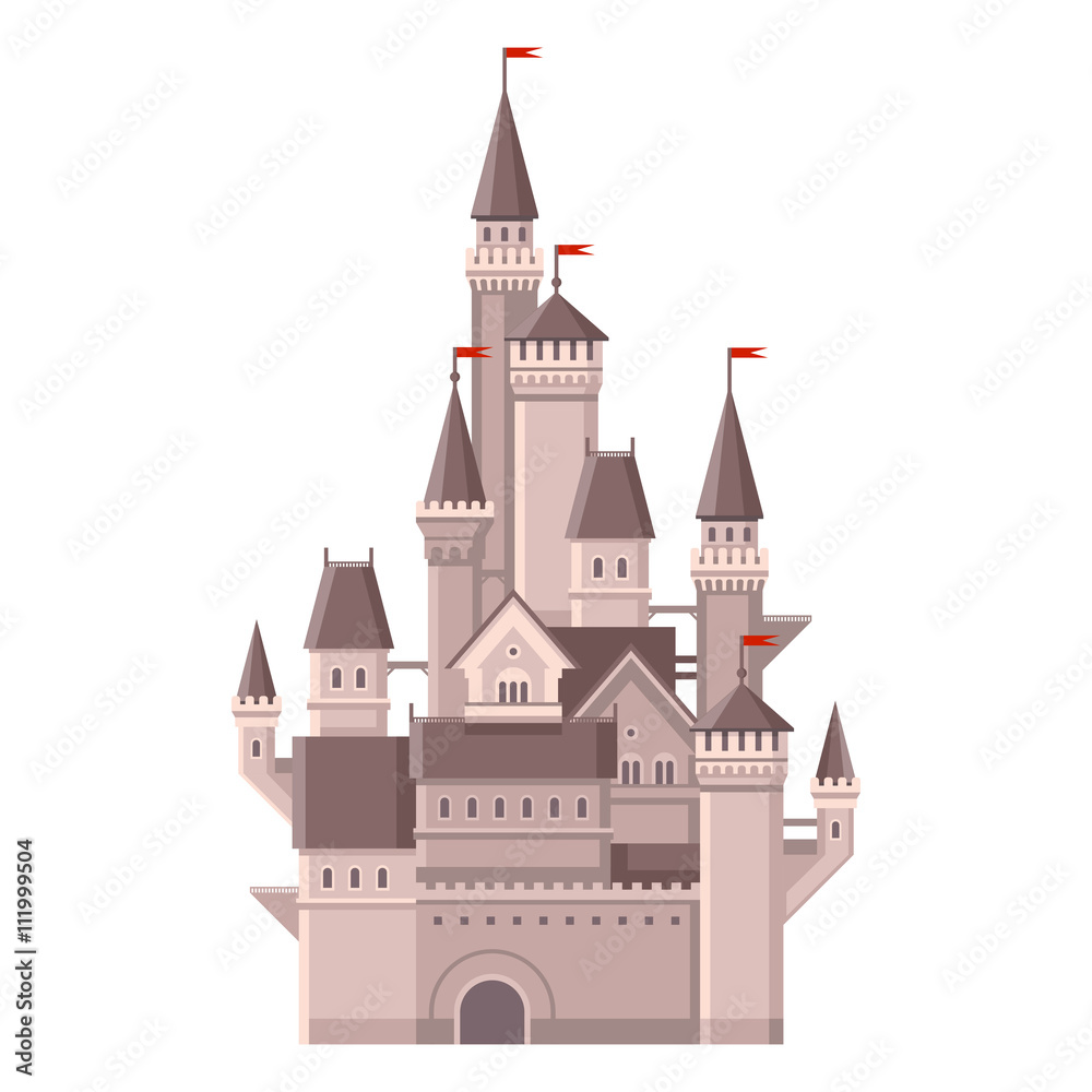 Castle. Magic Fairy Tale Building with Red Flags. Vector