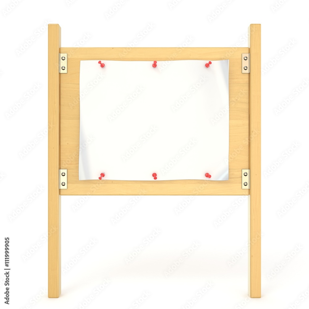 Wooden sign board with blank poster and red thumbtack. 3D render illustration isolated on white background Wooden sign board with blank poster and red thumbtack. 3D render illustration isolated on white background