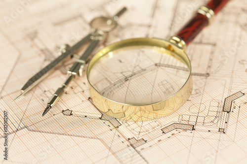 architecture blueprint -  house plans, magnifying glass & compass