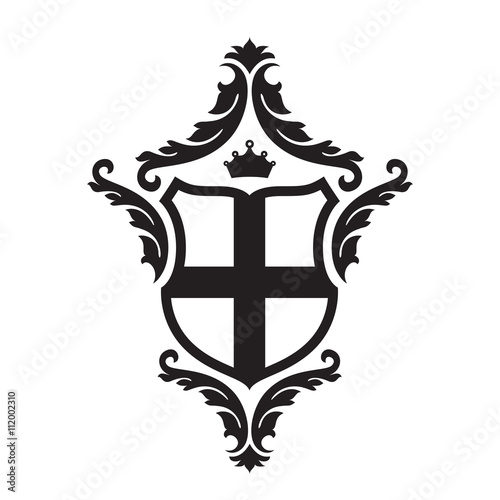 Coat of arms - shield with crossn, crown and floral decor