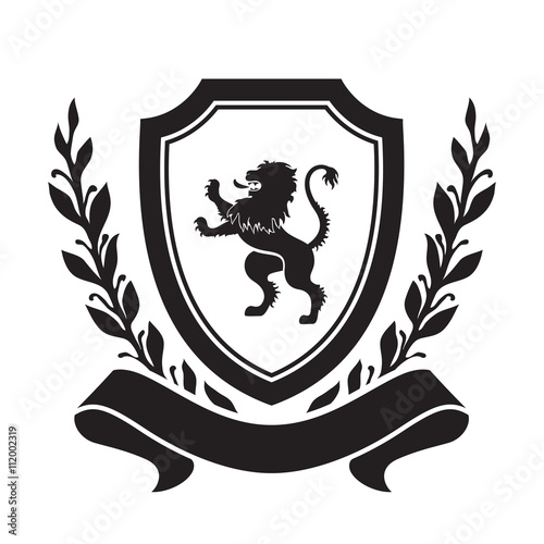 Coat of arms - shield with lion, laurel wreath and ribbon.