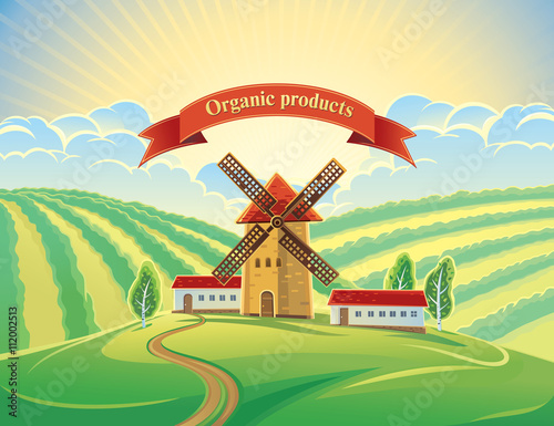 Rural landscape with windmills and tape as a design element. Summer dawn landscape.