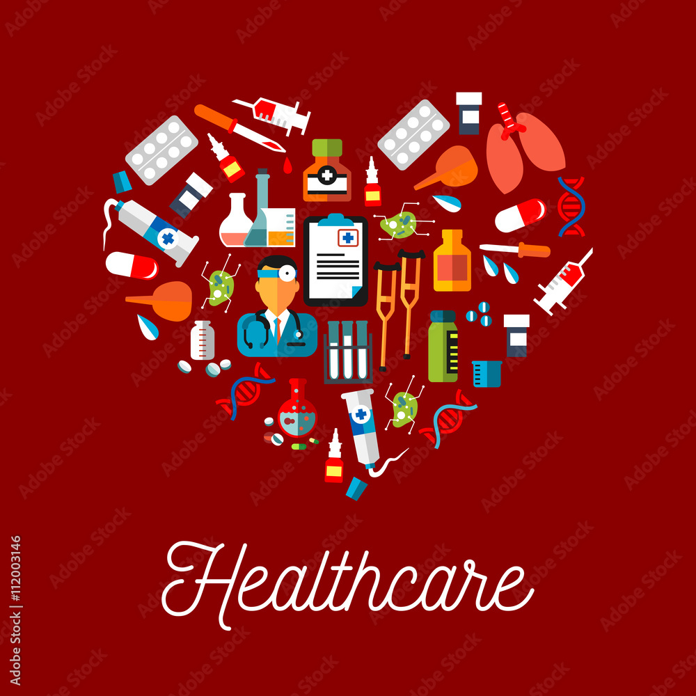 Healthcare flat symbols in a shape of heart