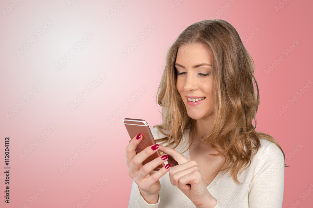 Beautiful young caucasian business woman with smart phone