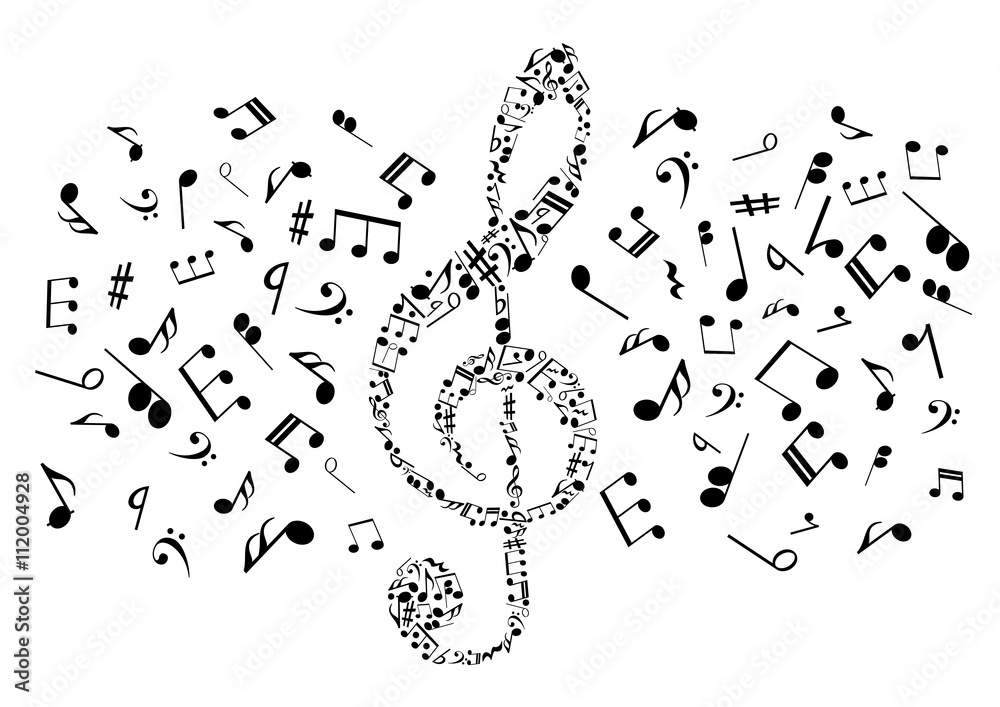 Musical notes and symbols in shape of treble clef Musical notes and symbols in shape of treble clef