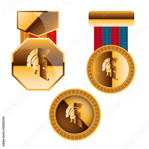 Gold medal for games and golden coin with helmet sparta achievem photo