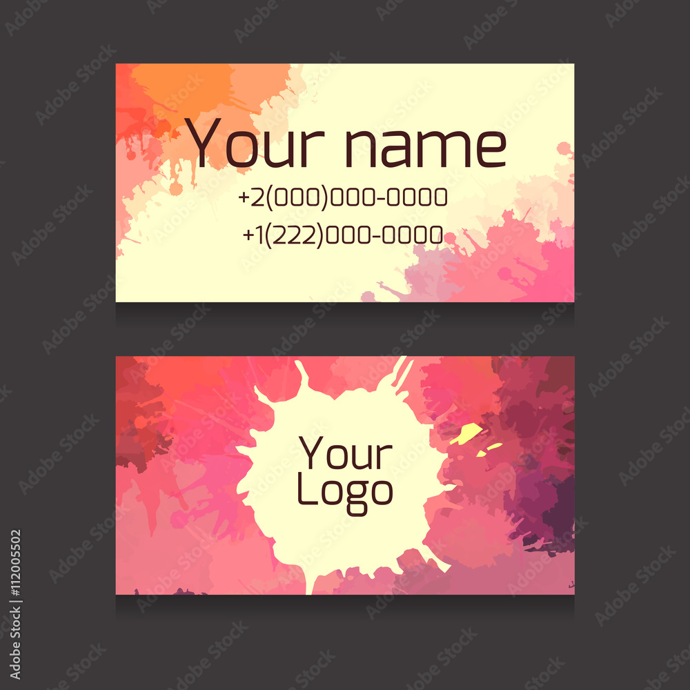 Set of double-sided business card with space for your text and logo with colorful watercolor splashes for artists and creative people and your business