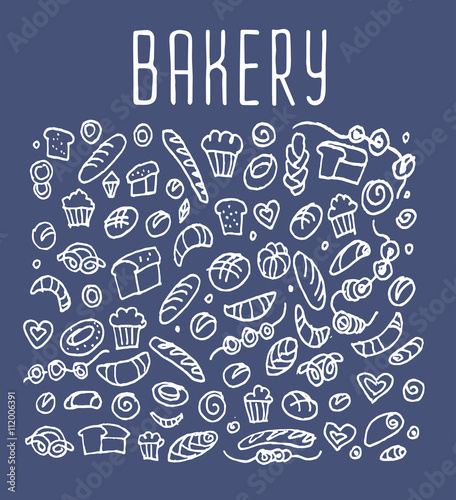 Hand drawn bakery seamless logo background.
