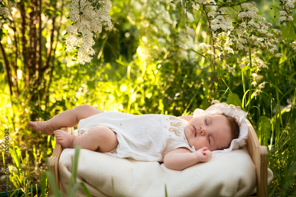 Horizontal picture of the smiling newborn baby outside in the blossoming garden
Horizontal picture of the smiling newborn baby outside in the blossoming garden