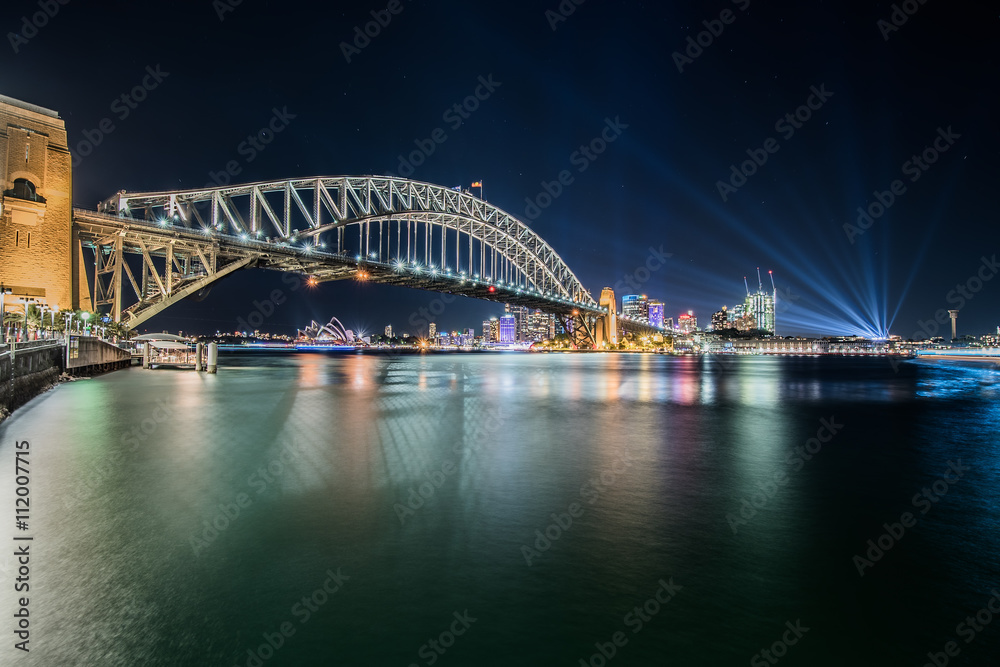 SYDNEY, AUSTRALIA - May 29, 2016, Sydney skyline Vivid night view from Milson point illuminated with colourful light design imagery, during the Vivid Sydney 2016 annual public event.