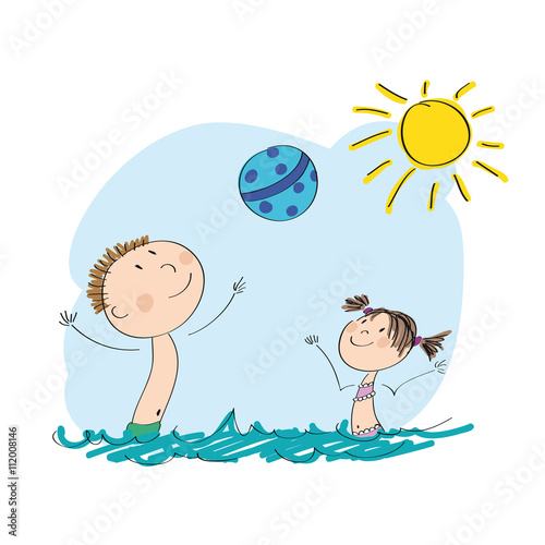 Daddy and his kid playing with ball in the water