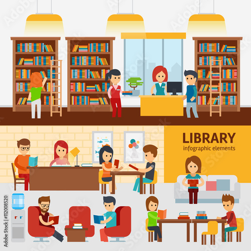 Library interior with people, reading books infographic elements. Library vector flat illustration, library stock vector design