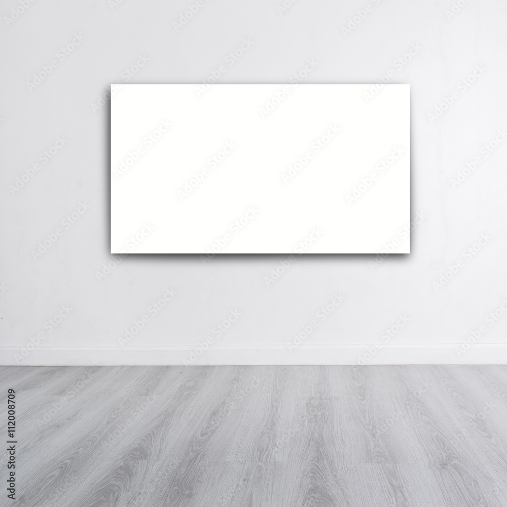 Mock up poster on White wall with wooden gray floor and copyspac Mock up poster on White wall with wooden gray floor and copyspac