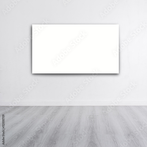 Mock up poster on White wall with wooden gray floor and copyspac