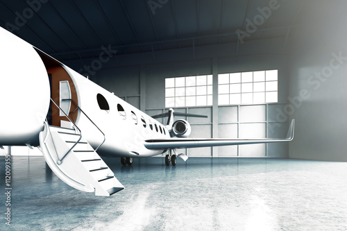 Closeup photo of White Matte Luxury Generic Design Private Jet parking in hangar airport. Concrete floor. Business Travel Picture. Horizontal, front angle view. Film Effect. 3D rendering.