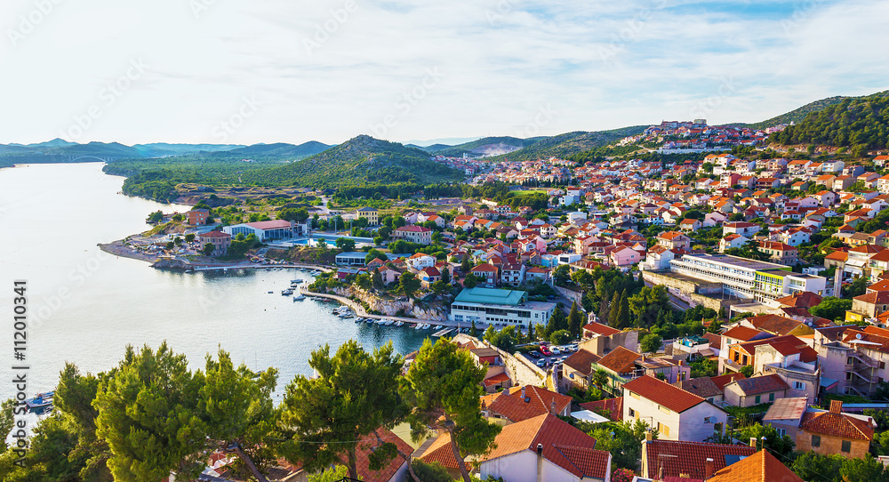 Panorama of the mediterranean city of Sibenik from the St. Michaels Fortress. Croatia
